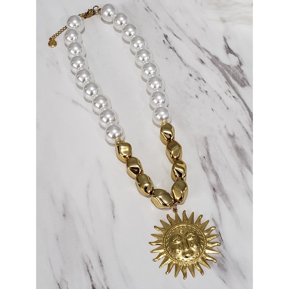 Mayamar Celestial Sun Necklace Chunky Faux Pearl 90s Bohemian Whimsical Witchy